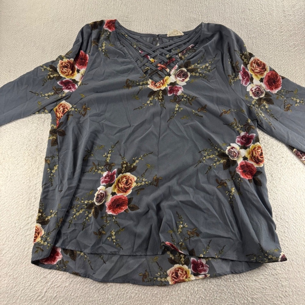 Entro Floral Blouse Womens XL Gray Excellent Lattice Neck Bell Sleeve T6185P